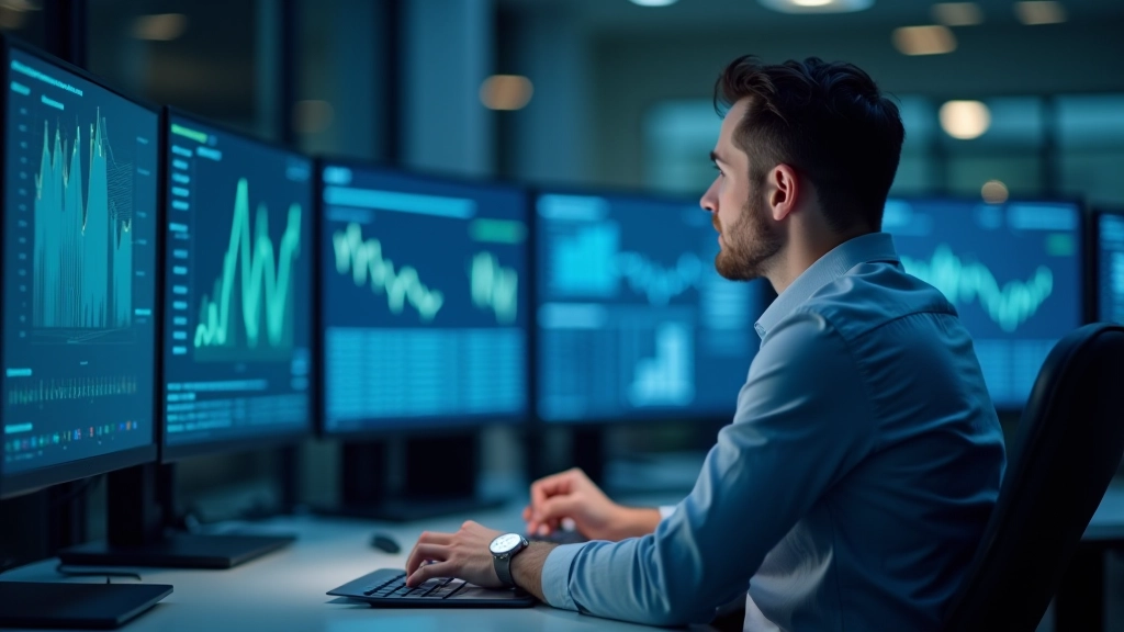 Analytik sleduje vzdálené obrazovky s ekonomickými grafy a výsledky předpovídání vývoje