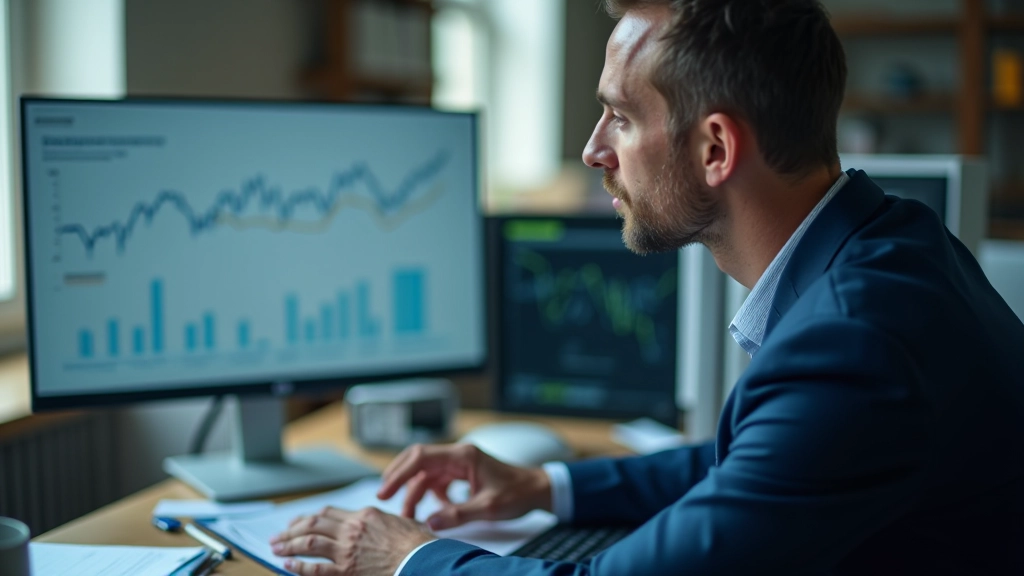 Profesionál analyzující ekonomické grafy s tabulkami růstu HDP na obrazovce
