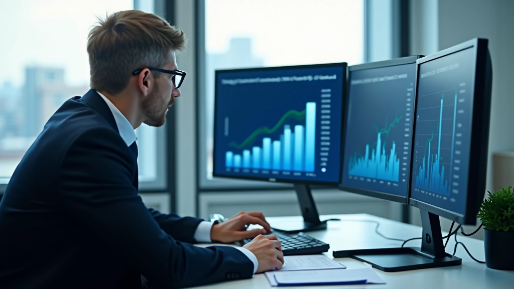 Ekonom analyzující složitá data na více obrazovkách v moderním pracovním prostředí