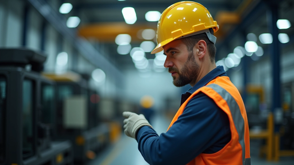 Průmyslový pracovník kontroluje výrobní proces v moderní továrně s digitálními panely