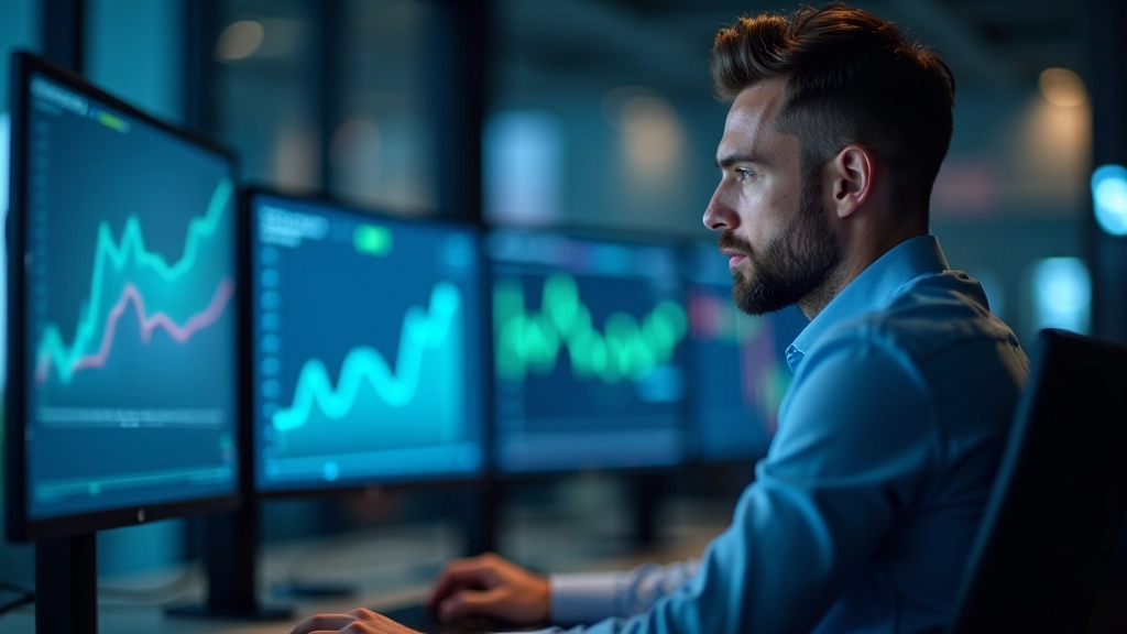 Finanční analytik pracuje se složitými tabulkami a grafy znázorňujícími ekonomické prognózy