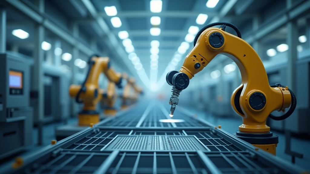 Moderní průmyslová továrna s automatizovanými roboty a výrobními linkami